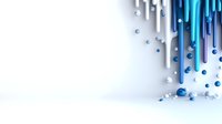 Abstract blue and white dripping paint effect with scattered spheres creating dynamic motion on white background, modern minimalist design for presentations.