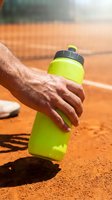 Athlete holding neon yellow sports bottle on clay tennis court during training session, hydration and fitness concept for athletic performance and wellness.