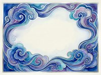 Watercolor cloud frame with swirling blue and purple ornamental border on white background, decorative design element for invitations and artistic projects.