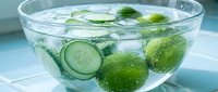 Refreshing cucumber and lime infused water with ice in a clear glass bowl, perfect for beverage, wellness, and healthy lifestyle content.