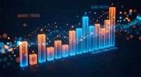 Business analytics dashboard with glowing bar charts and data visualization showing market trends and global metrics on dark background.