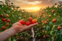 Fresh organic cherry tomatoes on vine held by farmer's hand against beautiful sunset background in greenhouse, perfect for food and agriculture marketing.