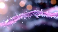 Magical pink water splash with floating droplets and bokeh lights creating dynamic motion against dark background, macro photography for cosmetic advertising.