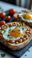 Sunny side up egg on toasted bread with white beans and fresh herbs, served on dark slate board with cherry tomatoes. Appetizing breakfast close up.