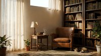 Cozy reading corner with vintage leather armchair, wooden side table, floor lamp and extensive bookshelf library in warm home interior for relaxation.