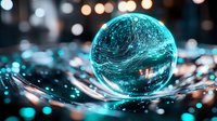 Glowing crystal ball with turquoise blue network connections on reflective surface against dark background with bokeh lights creates futuristic atmosphere.