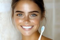 Young woman with bright smile holding toothbrush, demonstrating oral hygiene and dental care. Natural glowing skin and fresh morning routine concept.