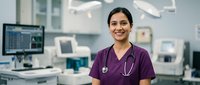 Female healthcare professional wearing purple scrubs and stethoscope smiling in modern medical clinic with computer monitors and equipment in background.