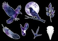 Mystical raven sticker set with purple moon, feather, bird skull, claw, and botanical elements, isolated on transparent background, ready for stickers, T-shirts, and print on demand.