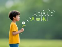 Young Caucasian boy in yellow t-shirt holding dandelion with renewable energy concept illustration, symbolizing clean energy future and environmental awareness.