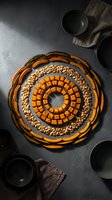 Artistic food arrangement with caramel squares and nuts in concentric circles on amber glass plate, dark moody styling for culinary photography and design.