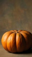 Large orange pumpkin with deep ridges on rustic brown textured background for autumn harvest decorations and seasonal cooking projects.