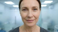 Professional middle-aged Caucasian female healthcare worker smiling confidently in modern medical facility background for corporate wellness campaigns.
