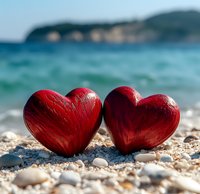 Two red wooden hearts on sandy beach with turquoise ocean waves and distant coastline, symbolizing romance and vacation getaway.