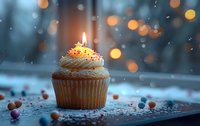 Single vanilla cupcake with lit candle and colorful sprinkles against blurred bokeh lights background, creating magical celebratory mood in dark setting.
