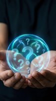 Close-up of hands holding glowing crystal ball with illuminated question marks inside, representing mystery, uncertainty, future predictions, and seeking answers for business solutions.