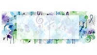 Colorful musical notes and treble clefs flowing across watercolor background in blue, green and purple tones for creative projects and music themes.