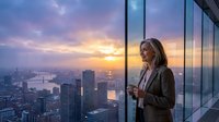 Middle-aged woman with blonde hair, Caucasian ethnicity, wearing professional business attire, standing by floor-to-ceiling windows in a high-rise office overlooking a city skyline at sunset. Golden hour lighting illuminates the urban landscape below. Corporate professional contemplating career success and ambition.