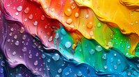 Vibrant rainbow colored waves with water droplets creating dynamic abstract background with wet surface effect and multicolored gradient pattern.