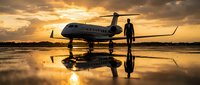 Business executive silhouette standing next to luxury private jet aircraft on wet tarmac during golden sunset with dramatic sky and perfect reflection.