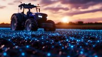 Agricultural tractor silhouetted against dramatic sunset sky with glowing blue bioluminescent organisms scattered across dark field creating magical rural scene.