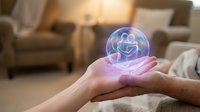 Hands holding glowing holographic brain sphere with neural networks in modern living room representing artificial intelligence and mental health concepts.