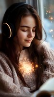 Young Caucasian woman in cozy sweater listening to music with wireless headphones near window, eyes closed with peaceful smile, magical glowing sparkles.