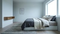 Modern minimalist bedroom with platform bed, dark bedding, and neutral tones for interior design and home decor projects.