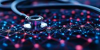 Medical stethoscope on digital network pattern with glowing pink and blue nodes, representing healthcare technology and data connectivity in medicine.
