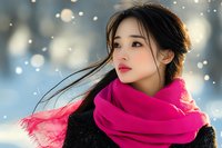 Young Asian woman wearing bright pink scarf and black coat in winter setting with snow bokeh lights, wind blowing through dark hair, soft dreamy outdoor portrait.