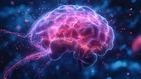 Glowing purple brain with electric neural connections on dark background, surrounded by luminous particles and energy streams. Scientific visualization of mind activity.