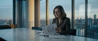 Professional businesswoman reviewing documents in modern office with city skyline view through floor-to-ceiling windows during golden hour lighting.