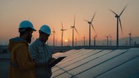 Engineers inspecting solar panels at sunset with wind turbines in background, showcasing renewable energy development and sustainable power generation.
