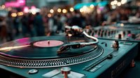 Professional DJ turntable with vinyl record at nightclub event with colorful bokeh lights and crowd dancing in background for music entertainment.