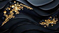 Luxurious black waves with scattered golden spheres creating elegant abstract pattern. Dark wavy layers with metallic gold bubbles on black background.