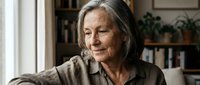 Senior woman with long gray hair and fair complexion, wearing casual brown shirt, sitting indoors with bookshelves and plants in background, expressing contentment and wisdom.