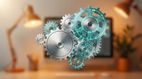 Metallic gears and cogs mechanism with turquoise accents on warm blurred office background for business automation and industrial technology concepts.