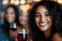 Young African American woman with curly hair and bright smile holding wine glass at evening party celebration with friends in festive bokeh background.