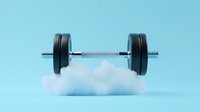 Minimalist composition of black dumbbell resting on fluffy white cloud against blue background, representing light workout or fitness dreams concept.