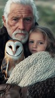 Senior man with white beard and young girl with blonde hair posing with barn owl. Girl wrapped in chunky knit scarf. Atmospheric portrait capturing generational bond.