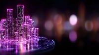 Futuristic cityscape with glowing purple neon skyscrapers reflecting on water surface against dark background with bokeh lights creating magical urban atmosphere.