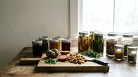 Homemade preserves and pickled vegetables in glass jars on wooden cutting board with fresh herbs and nuts for healthy pantry storage and meal prep.