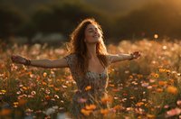 Young woman with arms outstretched enjoying freedom in blooming flower field during golden hour sunset light for wellness and happiness concepts.