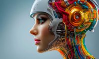 Female cyborg profile with colorful mechanical head interior showing circuits, gears and glowing elements against blue background. Modern artificial intelligence concept.