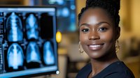 Professional African American female doctor smiling confidently in modern medical office with X-ray images displayed on computer monitor in background.