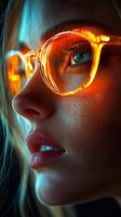 Close-up profile of young woman wearing round glasses illuminated by dramatic orange and blue lighting, highlighting facial features and reflective eyewear lens.