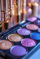 Professional makeup palette with colorful eyeshadows and brushes in warm bokeh lighting for beauty and cosmetics applications.