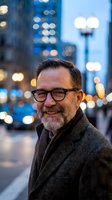Mature businessman with glasses and beard smiling confidently on urban city street at dusk with bokeh lights background for corporate professional content.