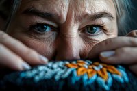 Close-up portrait of mature woman's intense blue eyes and expressive wrinkles peeking over colorful floral embroidered fabric in dramatic lighting.