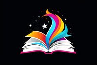 Open book with magical rainbow pages flowing upward against black background, stars and crescent moon creating enchanting storytelling atmosphere for education designs.